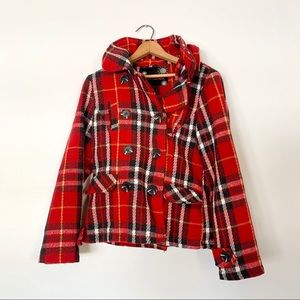 Body Central Red Plaid Pea Coat Size Medium